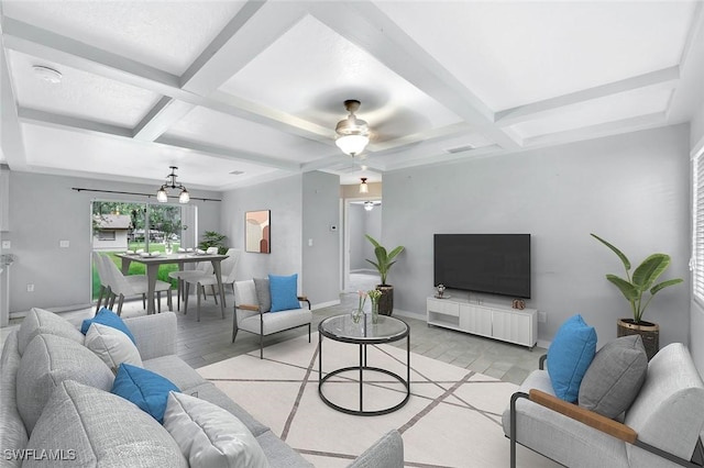 13820 2nd St, Fort Myers, FL 33905 - living room featuring coffered ceiling, beam ceiling, a ceiling fan, and baseboards