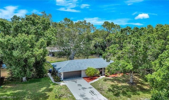 13820 2nd St, Fort Myers, FL 33905 - view of property hidden behind natural elements featuring a front yard, driveway, a garage, and a shingled roof