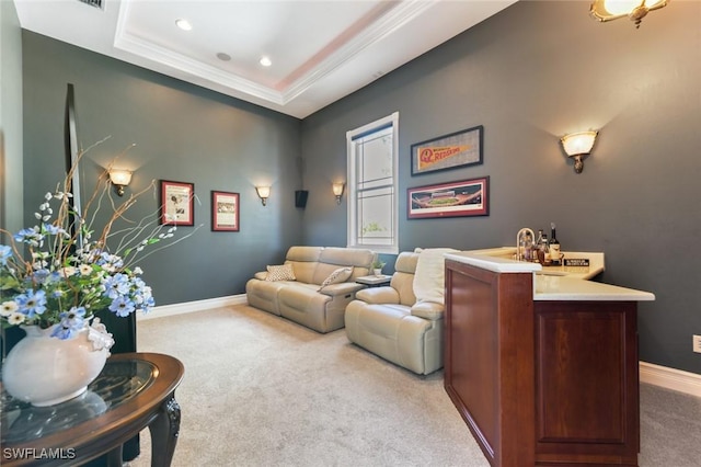4409 Crews Ct, Port Charlotte, FL 33952 - carpeted living room with a sink, baseboards, a raised ceiling, crown molding, and recessed lighting