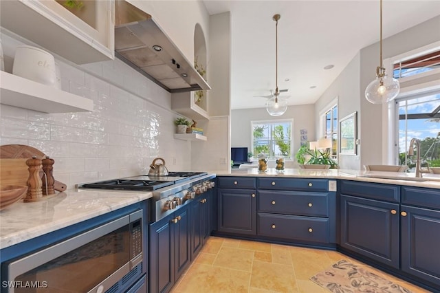 4409 Crews Ct, Port Charlotte, FL 33952 - kitchen featuring a sink, open shelves, exhaust hood, appliances with stainless steel finishes, and blue cabinetry