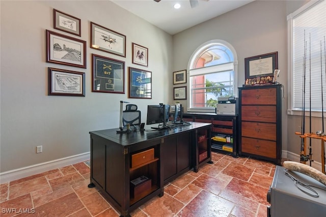4409 Crews Ct, Port Charlotte, FL 33952 - home office with baseboards, stone tile flooring, a ceiling fan, and recessed lighting