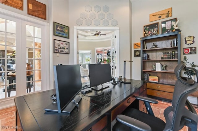 4409 Crews Ct, Port Charlotte, FL 33952 - office with ceiling fan, crown molding, and a tray ceiling