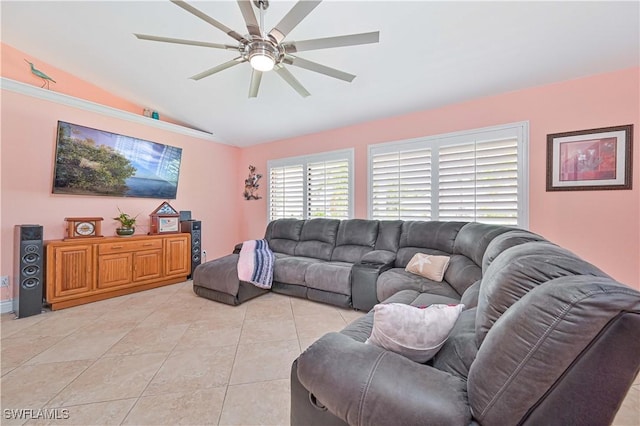 1826 SE 6th Ave, Cape Coral, FL 33990 - living area featuring lofted ceiling, ceiling fan, and light tile patterned floors