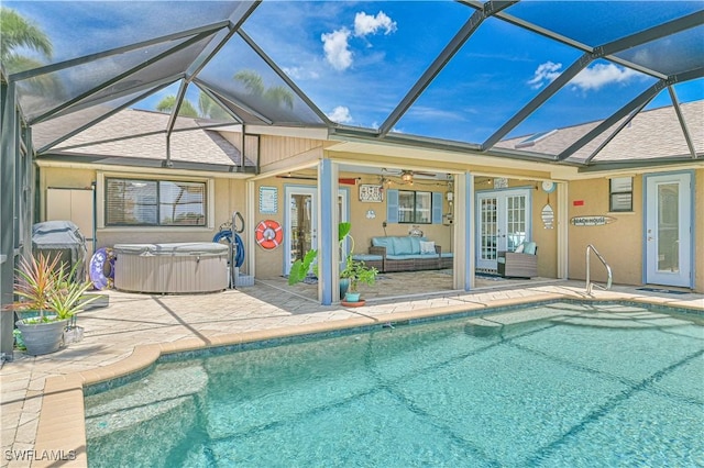 1826 SE 6th Ave, Cape Coral, FL 33990 - swimming pool featuring a hot tub, french doors, a patio area, an outdoor hangout area, and glass enclosure