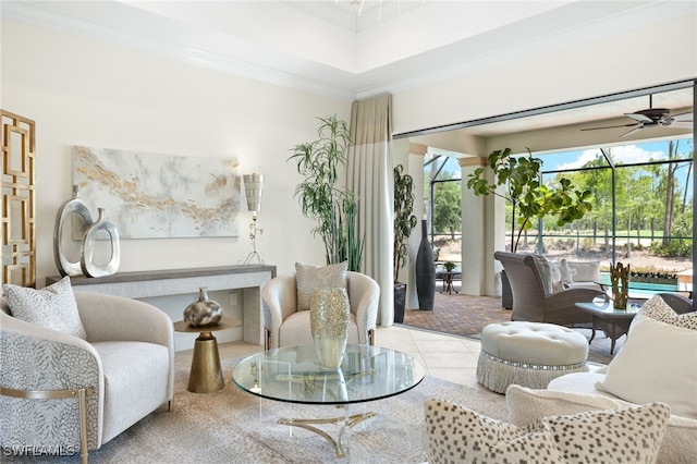 14500 Marsala Way, Naples, FL 34109 - tiled living area with ceiling fan and crown molding