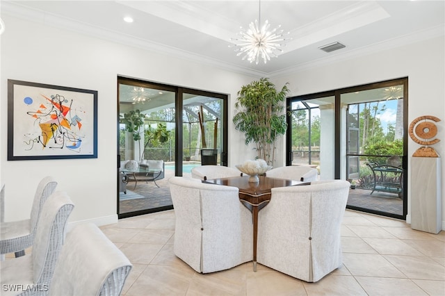 14500 Marsala Way, Naples, FL 34109 - dining room with light tile patterned flooring, crown molding, a chandelier, recessed lighting, and a raised ceiling