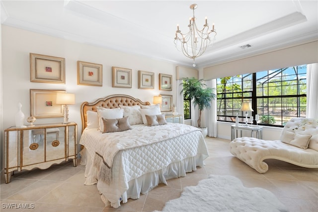 14500 Marsala Way, Naples, FL 34109 - bedroom featuring a raised ceiling, light tile patterned floors, ornamental molding, and a chandelier
