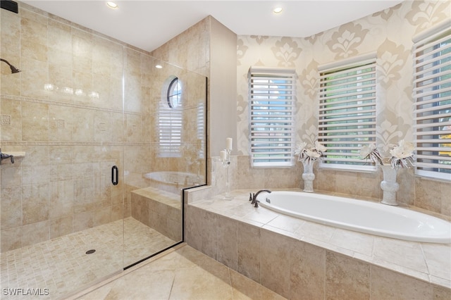 14500 Marsala Way, Naples, FL 34109 - bathroom featuring a garden tub, a stall shower, recessed lighting, and tile patterned flooring
