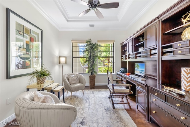 14500 Marsala Way, Naples, FL 34109 - office space featuring dark wood-style flooring, ceiling fan, a tray ceiling, baseboards, and ornamental molding