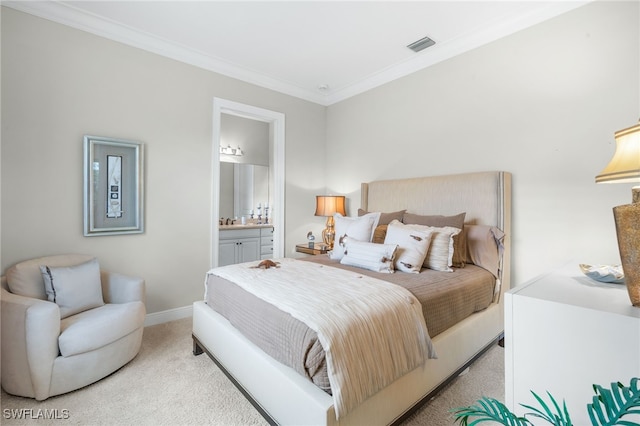 14500 Marsala Way, Naples, FL 34109 - bedroom with light colored carpet, crown molding, ensuite bathroom, and baseboards
