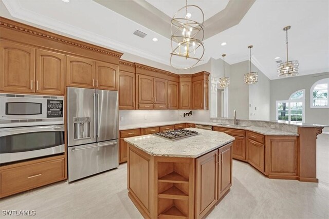 2366 Alexander Palm Dr, Naples, FL 34105 - kitchen featuring appliances with stainless steel finishes, a sink, a peninsula, a chandelier, and a raised ceiling