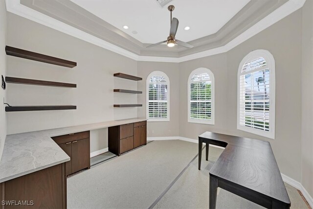 2366 Alexander Palm Dr, Naples, FL 34105 - unfurnished office with a raised ceiling, a ceiling fan, baseboards, recessed lighting, and ornamental molding
