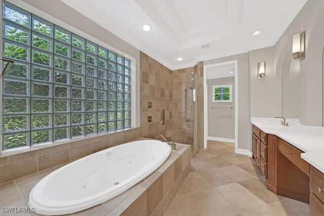 2366 Alexander Palm Dr, Naples, FL 34105 - full bath featuring a whirlpool tub, vanity, a shower stall, recessed lighting, and ornamental molding