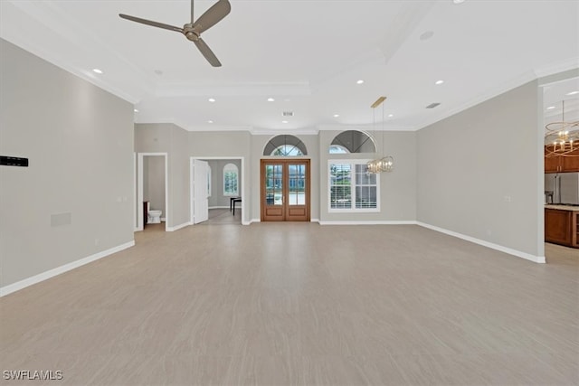 2366 Alexander Palm Dr, Naples, FL 34105 - unfurnished living room featuring recessed lighting, a chandelier, ceiling fan, crown molding, and baseboards