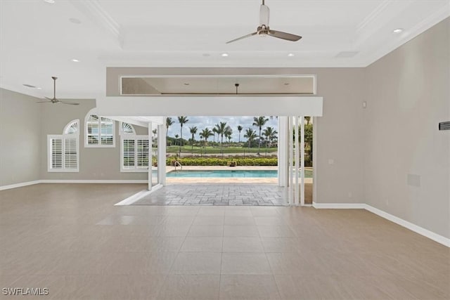 2366 Alexander Palm Dr, Naples, FL 34105 - unfurnished room with ceiling fan, crown molding, baseboards, a raised ceiling, and recessed lighting