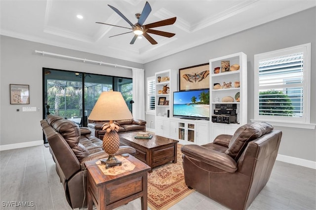 14037 Hawks Eye Ct, Estero, FL 33928 - living area featuring coffered ceiling, a ceiling fan, crown molding, baseboards, and beamed ceiling