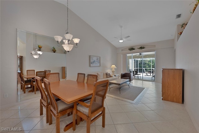 8279 Ibis Cove Cir Unit A136, Naples, FL 34119 - dining space with high vaulted ceiling, light tile patterned flooring, ceiling fan, and a chandelier