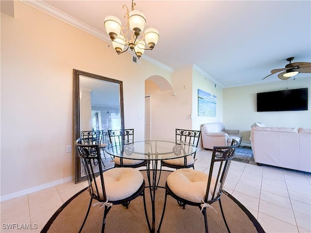 10350 Washingtonia Palm Way Unit 4213, Fort Myers, FL 33966 - dining space featuring arched walkways, light tile patterned flooring, crown molding, a chandelier, and ceiling fan