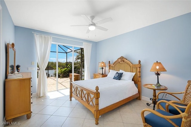 1128 NW 43rd Ave, Cape Coral, FL 33993 - bedroom with access to exterior, light tile patterned flooring, ceiling fan, and baseboards