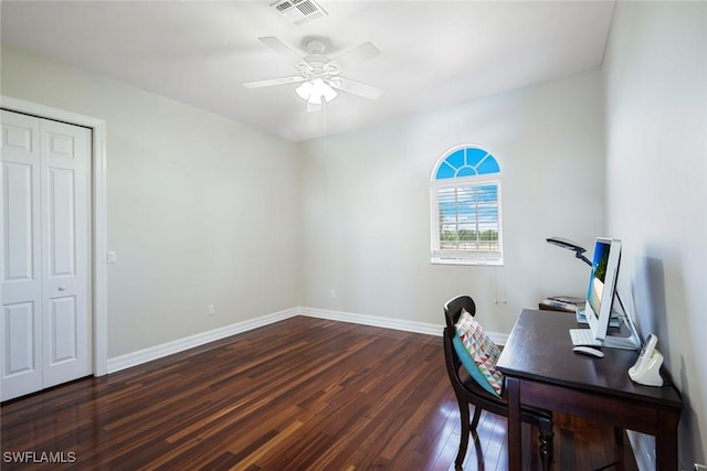 1128 NW 43rd Ave, Cape Coral, FL 33993 - office featuring ceiling fan, dark wood-type flooring, and baseboards