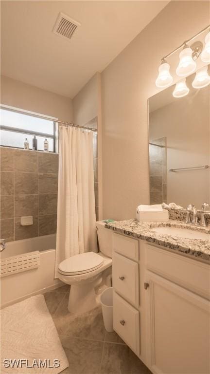 9076 Glenforest Dr, Naples, FL 34120 - full bathroom with tile patterned flooring, vanity, toilet, shower / bath combination with curtain, and a chandelier
