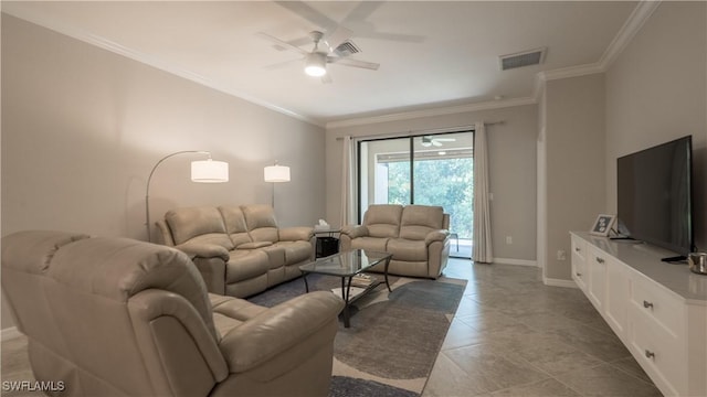 9076 Glenforest Dr, Naples, FL 34120 - tiled living room featuring ceiling fan, crown molding, and baseboards