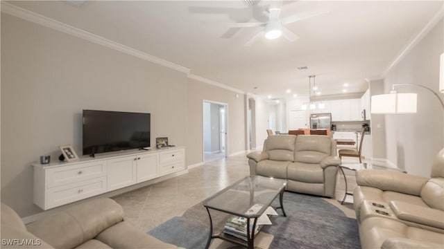 9076 Glenforest Dr, Naples, FL 34120 - living room featuring ornamental molding, ceiling fan, baseboards, and tile patterned floors
