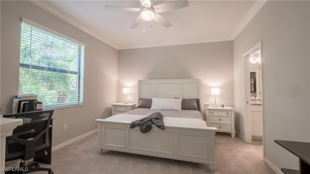 9076 Glenforest Dr, Naples, FL 34120 - bedroom with light colored carpet, ornamental molding, baseboards, and ceiling fan