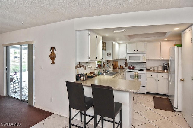 19006 Flamingo Rd, Fort Myers, FL 33967 - kitchen featuring white appliances, a sink, light tile patterned flooring, a peninsula, and a tray ceiling
