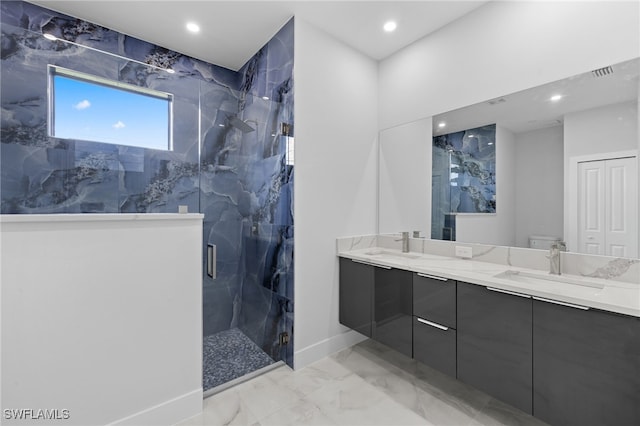 2513 13th St SW, Lehigh Acres, FL 33976 - bathroom featuring marble tiled flooring, a marble finish shower, recessed lighting, double vanity, and toilet