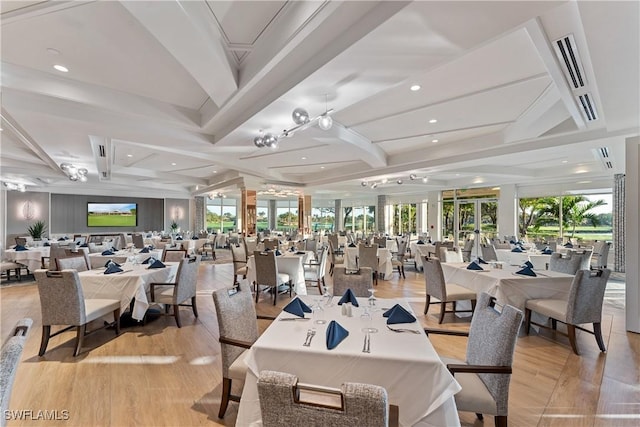 23560 Wisteria Pointe Dr Unit 506, Estero, FL 34135 - dining area featuring light wood-style floors, beam ceiling, coffered ceiling, and recessed lighting