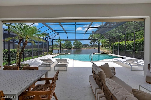 917 Tierra Lago Way, Naples, FL 34119 - outdoor pool featuring outdoor lounge area, a patio, a water view, outdoor dining space, and glass enclosure