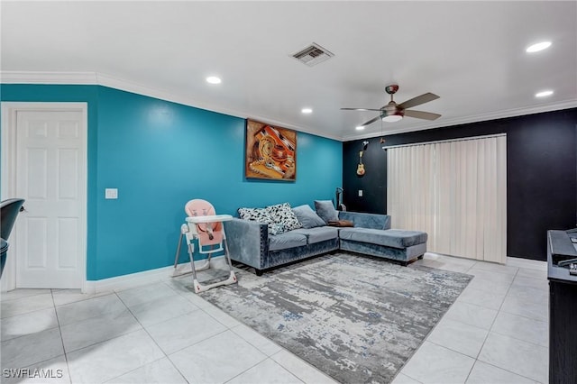 4520 Douglas Ln, Lehigh Acres, FL 33973 - living area with ceiling fan, recessed lighting, ornamental molding, light tile patterned flooring, and baseboards