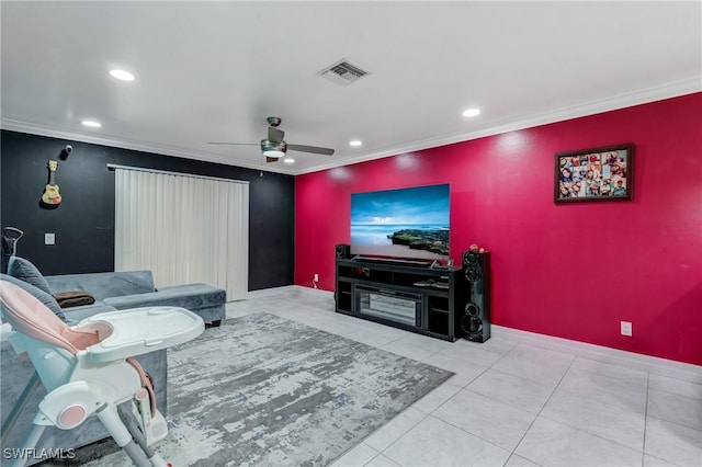4520 Douglas Ln, Lehigh Acres, FL 33973 - tiled living area featuring recessed lighting, a ceiling fan, ornamental molding, and baseboards