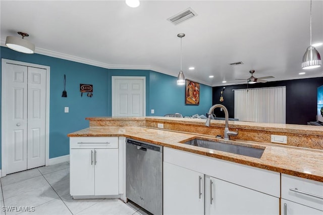 4520 Douglas Ln, Lehigh Acres, FL 33973 - kitchen featuring dishwasher, a sink, light stone counters, white cabinetry, and ceiling fan