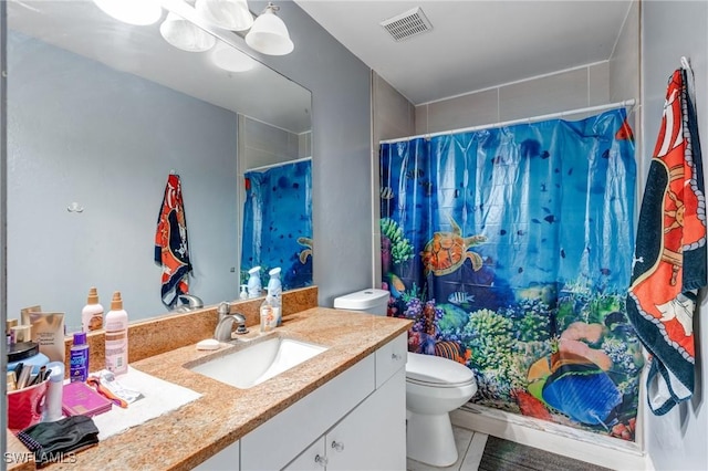 4520 Douglas Ln, Lehigh Acres, FL 33973 - bathroom with toilet, vanity, curtained shower, and tile patterned floors