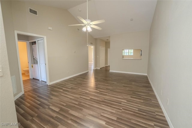 8331 Bernwood Cove Loop W Unit 1402, Fort Myers, FL 33966 - empty room featuring ceiling fan, wood finished floors, high vaulted ceiling, and baseboards
