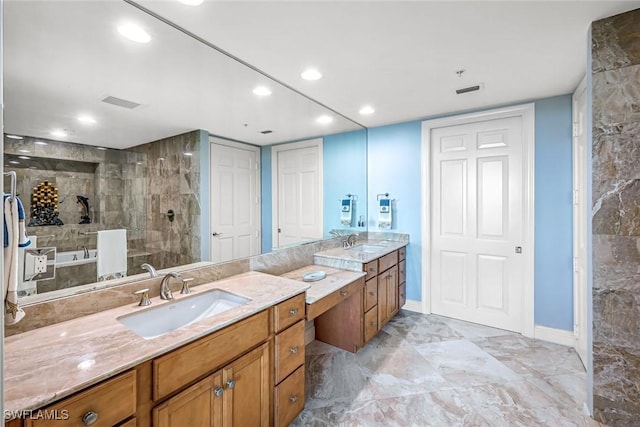 275 Indies Way Unit 1603, Naples, FL 34110 - bathroom with vanity, a bath, a tile shower, marble finish floors, and recessed lighting