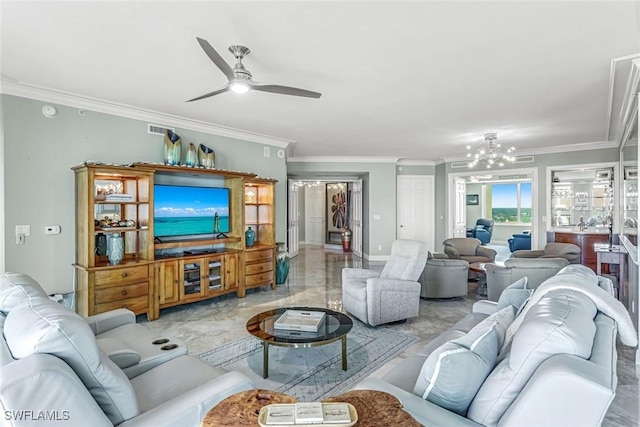 275 Indies Way Unit 1603, Naples, FL 34110 - living room featuring ceiling fan, ornamental molding, a chandelier, and marble finish floors