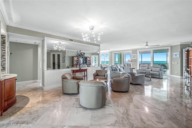 275 Indies Way Unit 1603, Naples, FL 34110 - living room with a chandelier, crown molding, a ceiling fan, marble tiled flooring, and baseboards