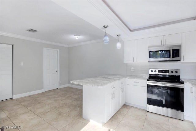 1501 Park Meadows Dr Unit 3, Fort Myers, FL 33907 - kitchen featuring appliances with stainless steel finishes, a peninsula, ornamental molding, white cabinetry, and light stone counters