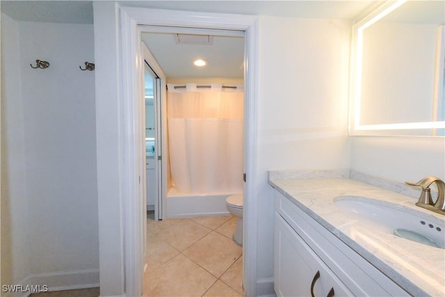 2255 W Gulf Dr Unit 140, Sanibel, FL 33957 - full bathroom with vanity, toilet, shower / bathtub combination with curtain, tile patterned flooring, and recessed lighting