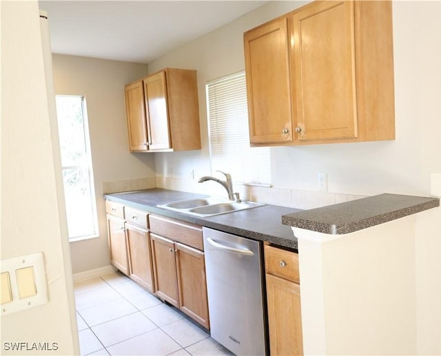4526/4524 28th St SW, Lehigh Acres, FL 33973 - kitchen featuring stainless steel dishwasher, a sink, dark countertops, and light tile patterned flooring
