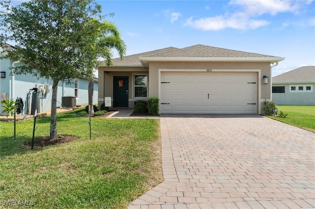 8833 Swell Brooks Ct, North Fort Myers, FL 33917 - ranch-style house featuring decorative driveway, a front yard, stucco siding, a garage, and cooling unit