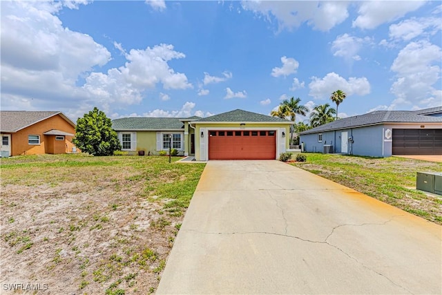 9091 Cypress Dr N, Fort Myers, FL 33967 - single story home featuring a garage, stucco siding, driveway, central AC, and a front yard