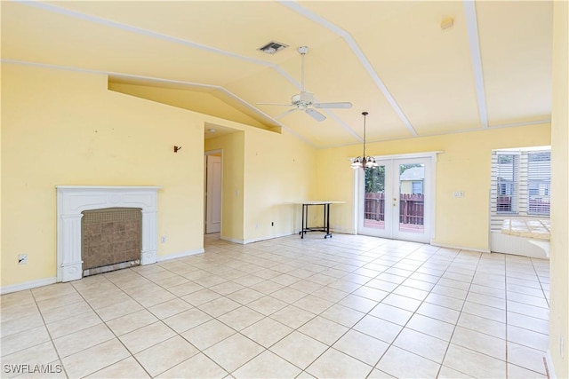 9091 Cypress Dr N, Fort Myers, FL 33967 - unfurnished living room featuring lofted ceiling, a ceiling fan, light tile patterned floors, a fireplace, and baseboards