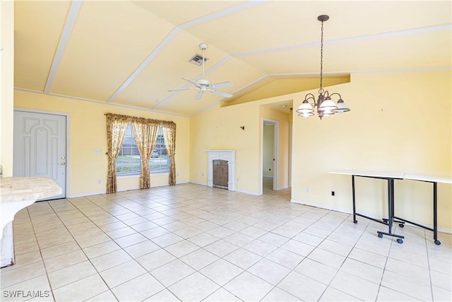 9091 Cypress Dr N, Fort Myers, FL 33967 - unfurnished living room featuring light tile patterned floors, lofted ceiling, ceiling fan, baseboards, and a fireplace