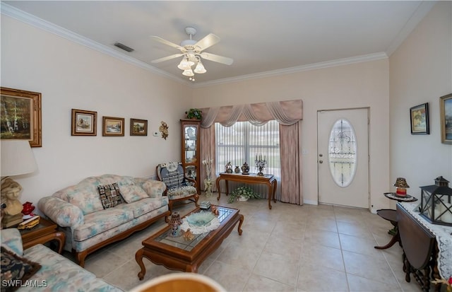 1115 Comet Ave, Labelle, FL 33935 - living area featuring crown molding, a ceiling fan, and light tile patterned flooring
