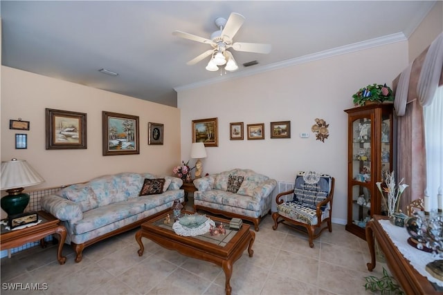 1115 Comet Ave, Labelle, FL 33935 - living room with ornamental molding, a ceiling fan, and light tile patterned flooring