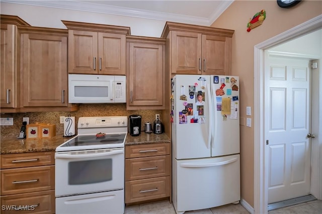 1115 Comet Ave, Labelle, FL 33935 - kitchen featuring white appliances, crown molding, stone countertops, decorative backsplash, and brown cabinetry